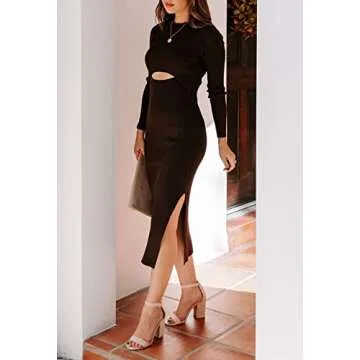Pink Queen Women's Long Sleeve Bodycon Crewneck Cutout Party Cocktail Ribbed Midi Sweater Knit Dress Black S