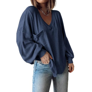 BTFBM Women's Casual V Neck Ribbed Knit Shirts 2025 Fall Pullover Tunic Tops Loose Balloon Long Slee...