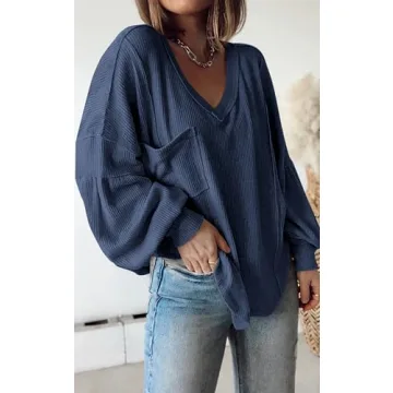 BTFBM Women's Casual V Neck Ribbed Knit Pullover Tops