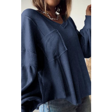 BTFBM Women's Casual V Neck Ribbed Knit Pullover Tops