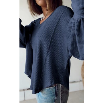 BTFBM Women's Casual V Neck Ribbed Knit Pullover Tops