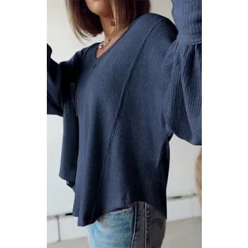 BTFBM Women's Casual V Neck Ribbed Knit Pullover Tops