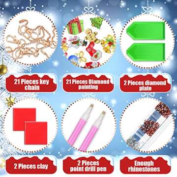 Yaomiao 21 Pcs Christmas Diamond Art Painting Kits Ornaments 5D DIY Craft Keychains Xmas Rhinestone Pendant Decorative Hanging Dot for Holiday Supplies Party Favors (Cute Style)