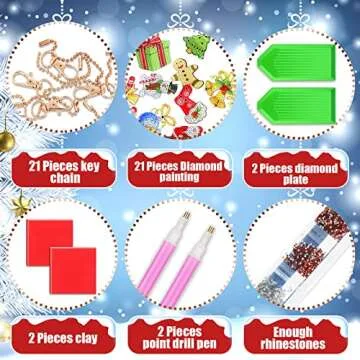 Yaomiao 21 Pcs Christmas Diamond Art Painting Kits Ornaments 5D DIY Craft Keychains Xmas Rhinestone Pendant Decorative Hanging Dot for Holiday Supplies Party Favors (Cute Style)