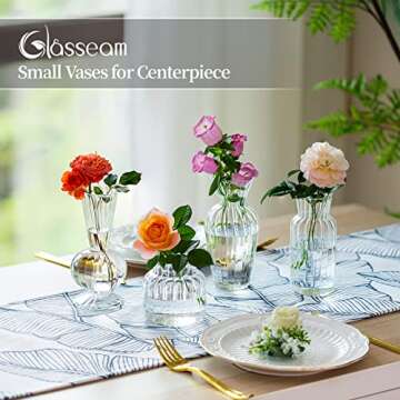 Modern Clear Glass Bud Vase Set: Glasseam 4Pcs Small Mini Flower Centerpieces Vases Handmade Decorative Cute Short Window Corner Home Decor for Wedding Reception Dining Table Single Rose Flowers
