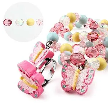 Msnailfly Butterfly Stretch Necklace Little Girl Toddler Necklace Bracelet Set, Little Princess Jewelry Kids Play Necklaces Butterfly Rings for Kids