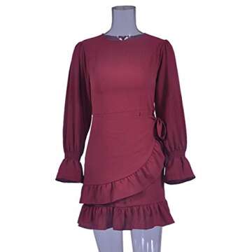 WEEPINLEE Womens Long Sleeve Round Neck Ruffles Wrap Dresses Party Dress (Wine Red, S)