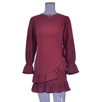 WEEPINLEE Womens Long Sleeve Round Neck Ruffles Wrap Dresses Party Dress (Wine Red, S)