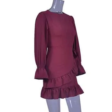 WEEPINLEE Womens Long Sleeve Round Neck Ruffles Wrap Dresses Party Dress (Wine Red, S)