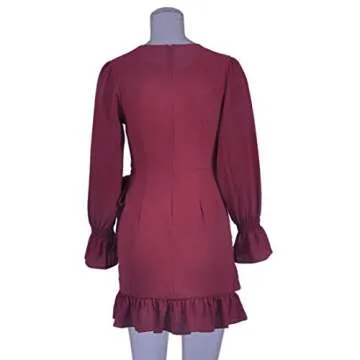 WEEPINLEE Womens Long Sleeve Round Neck Ruffles Wrap Dresses Party Dress (Wine Red, S)
