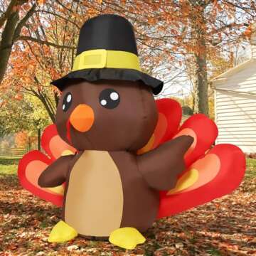 COMIN 4FT Tall Thanksgiving Inflatables Turkey Baby in Hat with Built-in LEDs Blow Up Yard Decoratio...