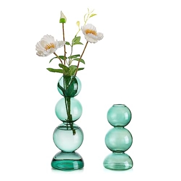 Hewory 2pcs Green Glass Bubble Vases for Unique Home Decor