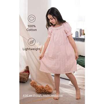 BANGSAUR Girls' Vintage Dresses, Cotton Princess Sleepshirts, Kids 3-12 Years Pink