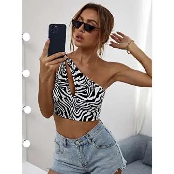 Chic WDIRARA Zebra Print One Shoulder Crop Top for Women