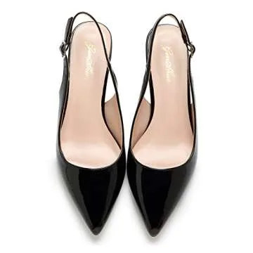 GENSHUO Women's Low Kitten Heel Slingback Ankle Strap Pump Pointed Toe Comfortable Formal Party Wedding Dress Shoes Patent Leather Black 11