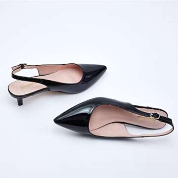 GENSHUO Women's Low Kitten Heel Slingback Ankle Strap Pump Pointed Toe Comfortable Formal Party Wedding Dress Shoes Patent Leather Black 11