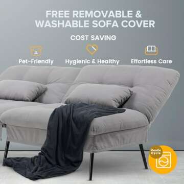 COMHOMA Convertible Futon Sofa Bed, 68″Fabric Futons Couch with Adjustable Backrest, Folding Sleeper Recliner for Living Room Furniture (Grey)