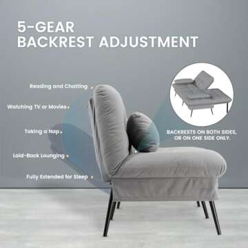 COMHOMA Convertible Futon Sofa Bed, 68″Fabric Futons Couch with Adjustable Backrest, Folding Sleeper Recliner for Living Room Furniture (Grey)