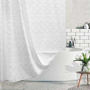 Boho White Woven Fabric Shower Curtain with Tassel – Modern Farmhouse Decor, Water Resistant 72 x ...