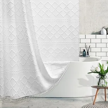 Boho White Woven Fabric Shower Curtain with Tassel – Modern Farmhouse Decor, Water Resistant 72 x ...