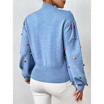 CXINS Women's Fashion Mock Neck Lantern Sleeve Rainbow Colorful Pom Pom Sweater Pullover Elegant Knit Jumper Top Blue Size XL