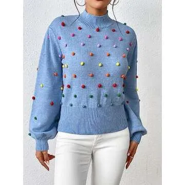 CXINS Women's Fashion Mock Neck Lantern Sleeve Rainbow Colorful Pom Pom Sweater Pullover Elegant Knit Jumper Top Blue Size XL