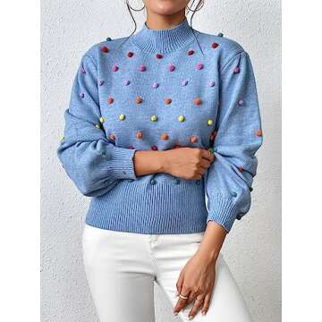 CXINS Women's Fashion Mock Neck Lantern Sleeve Rainbow Colorful Pom Pom Sweater Pullover Elegant Knit Jumper Top Blue Size XL