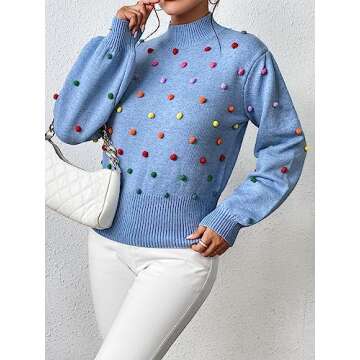 CXINS Women's Fashion Mock Neck Lantern Sleeve Rainbow Colorful Pom Pom Sweater Pullover Elegant Knit Jumper Top Blue Size XL