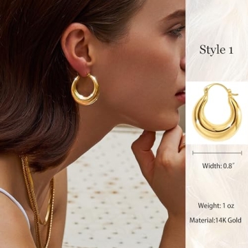 Tewiky Chunky Gold Hoop Earrings 14k Plated Hypoallergenic