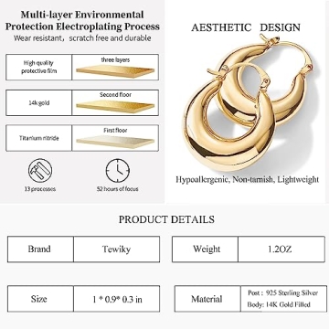 Tewiky Chunky Gold Hoop Earrings 14k Plated Hypoallergenic