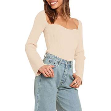 LILLUSORY Women's Sweetheart Neckline Sweater 2024 Spring Ribbed Knit Slim Fit Pullover Tops