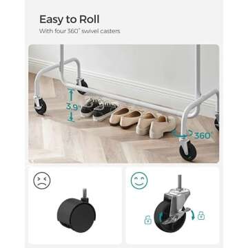 SONGMICS Clothes Rack with Wheels, Heavy-Duty Garment Rack with Extendable Hanging Rod, 286.6 lb Load Capacity, Clothing Rack for Hanging Clothes, All Metal, Chrome-Plated, Matte White UHSR011W01
