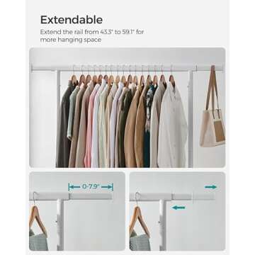 SONGMICS Clothes Rack with Wheels, Heavy-Duty Garment Rack with Extendable Hanging Rod, 286.6 lb Load Capacity, Clothing Rack for Hanging Clothes, All Metal, Chrome-Plated, Matte White UHSR011W01