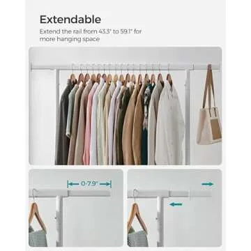 SONGMICS Clothes Rack with Wheels, Heavy-Duty Garment Rack with Extendable Hanging Rod, 286.6 lb Load Capacity, Clothing Rack for Hanging Clothes, All Metal, Chrome-Plated, Matte White UHSR011W01