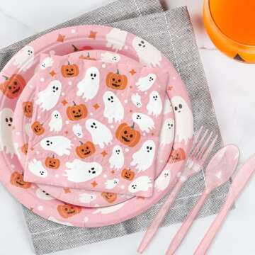 JarThenaAMCS Halloween Tableware Set Ghost Pumpkin Disposable Party Supplies Pink 9 & 7 Inch Paper Plates 6.5 Inch Napkins Cups and Cutlery for 25 Guests
