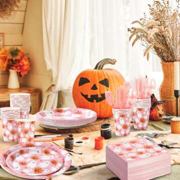 JarThenaAMCS Halloween Tableware Set Ghost Pumpkin Disposable Party Supplies Pink 9 & 7 Inch Paper Plates 6.5 Inch Napkins Cups and Cutlery for 25 Guests