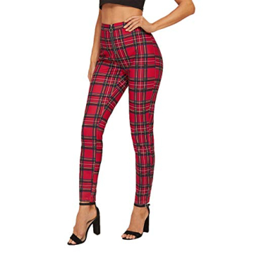SweatyRocks Women's Casual Skinny Leggings Stretchy High Waisted Work Pants Zipper Red Plaid Medium