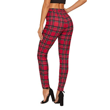 SweatyRocks Women's Casual Skinny Leggings Stretchy High Waisted Work Pants Zipper Red Plaid Medium