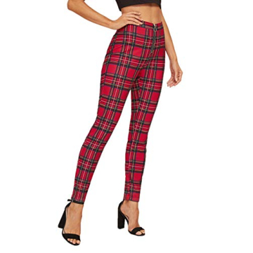 SweatyRocks Women's Casual Skinny Leggings Stretchy High Waisted Work Pants Zipper Red Plaid Medium