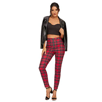 SweatyRocks Women's Casual Skinny Leggings Stretchy High Waisted Work Pants Zipper Red Plaid Medium