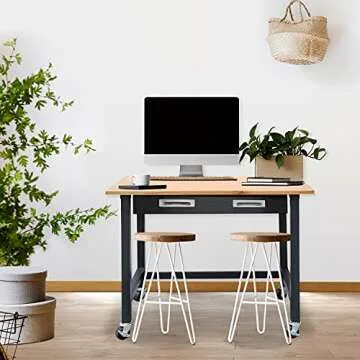 Seville Classics UltraGraphite Wood Top Workbench on Wheels with Sliding Organizer Drawer Table, 48", Graphite