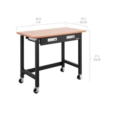 Seville Classics UltraGraphite Wood Top Workbench on Wheels with Sliding Organizer Drawer Table, 48", Graphite