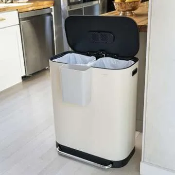 happimess HPM1014D Beni Kitchen 16-Gallon Double-Bucket Step-Open Trash Can with Soft-Close Lid, Modern, Minimalistic, Fingerprint Proof for Home, Kitchen, Laundry Room, Office, Bathroom, Almond