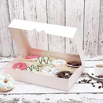 RIFMEAE Cookie Boxes, 14" x 10" x 2.5" White Bakery Boxes with Window, Auto-Popup Treat Boxes, Pastry Boxes for Cookies, Donuts, Muffins and Strawberries [ Pack of 15 ]