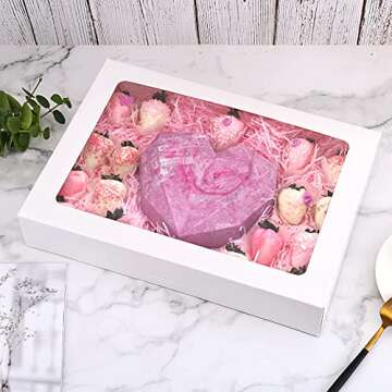 RIFMEAE Cookie Boxes, 14" x 10" x 2.5" White Bakery Boxes with Window, Auto-Popup Treat Boxes, Pastry Boxes for Cookies, Donuts, Muffins and Strawberries [ Pack of 15 ]