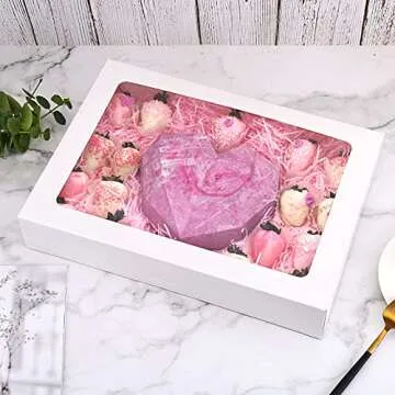 RIFMEAE Cookie Boxes, 14" x 10" x 2.5" White Bakery Boxes with Window, Auto-Popup Treat Boxes, Pastry Boxes for Cookies, Donuts, Muffins and Strawberries [ Pack of 15 ]