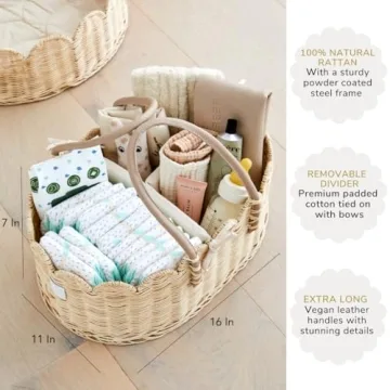 BEBE BASK Baby Diaper Caddy Organizer - Artisan-Crafted Scalloped Rattan Basket - Luxurious Diaper Caddy Basket - Elegant Scalloped Basket (Natural)