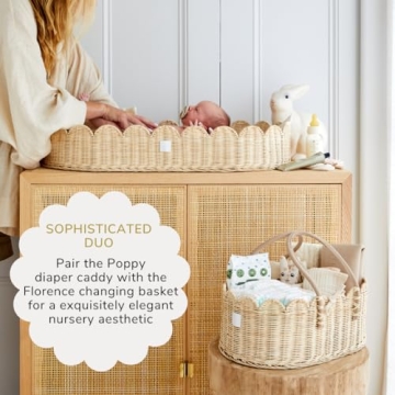 BEBE BASK Baby Diaper Caddy Organizer - Artisan-Crafted Scalloped Rattan Basket - Luxurious Diaper Caddy Basket - Elegant Scalloped Basket (Natural)