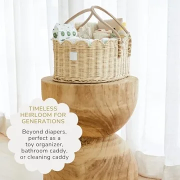 BEBE BASK Baby Diaper Caddy Organizer - Artisan-Crafted Scalloped Rattan Basket - Luxurious Diaper Caddy Basket - Elegant Scalloped Basket (Natural)
