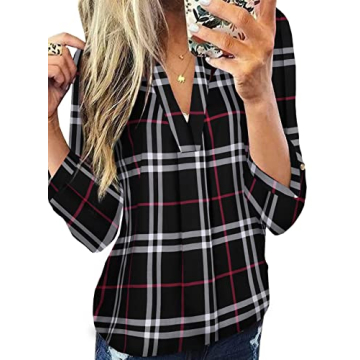 Dokotoo Women's Cuffed Plaid V Neck Blouse 2024